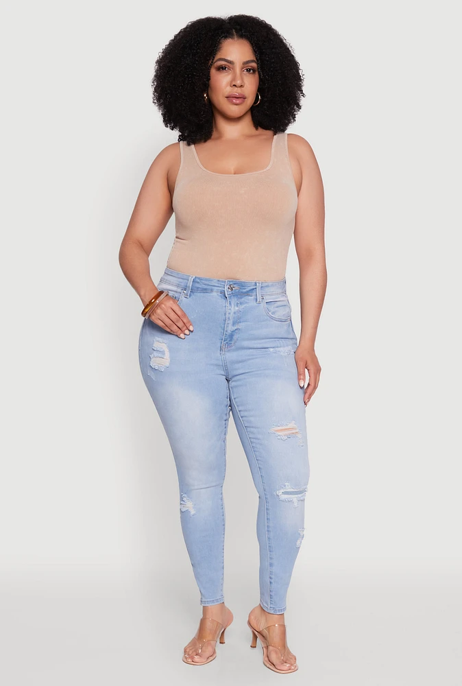 Womens Plus WAX Distressed High Waisted Skinny Jeans, Blue,