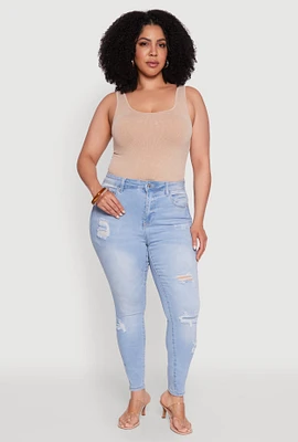 Womens Plus WAX Distressed High Waisted Skinny Jeans, Blue,