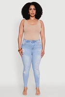 Womens Plus WAX Distressed High Waisted Skinny Jeans, Blue,