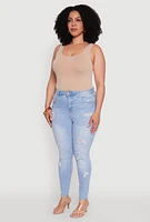 Womens Plus WAX Distressed High Waisted Skinny Jeans, Blue,