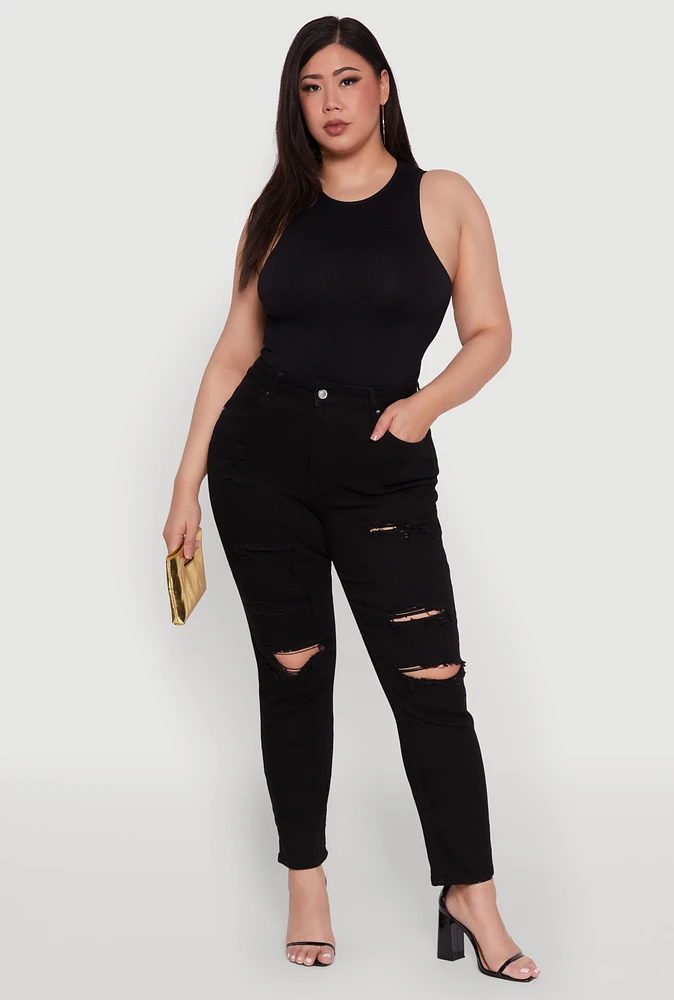 Womens Plus WAX High Waisted Distressed and Frayed Jeans, Black,