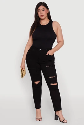 Womens Plus WAX High Waisted Distressed and Frayed Jeans, Black,