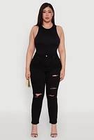 Womens Plus WAX High Waisted Distressed and Frayed Jeans, Black,