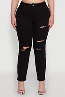 Womens Plus WAX High Waisted Distressed and Frayed Jeans, Black,