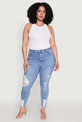 Womens Plus Size WAX Frayed Hem Skinny Jeans, Blue, Size 16