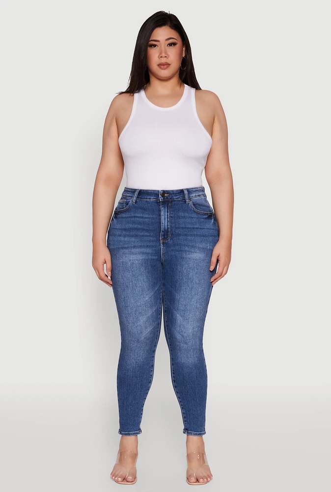 Womens Plus Size WAX Whiskered High Waist Skinny Jeans, Blue, Size 18