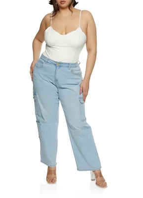 Womens Plus Size WAX Wide Leg Cargo Jeans, Blue, Size 16