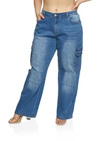 Womens Plus WAX Wide Leg Cargo Jeans, Blue,