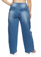 Womens Plus WAX Wide Leg Cargo Jeans, Blue,