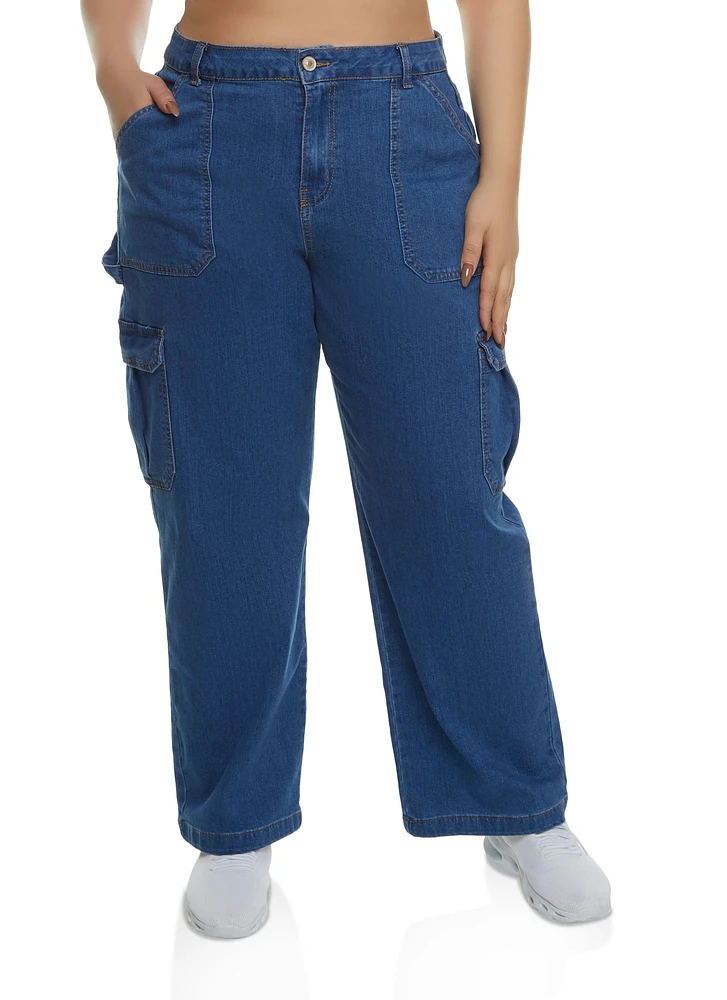 Womens Plus Size WAX Straight Wide Leg Cargo Jeans, Blue, Size 14