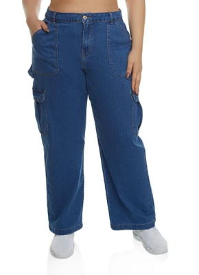 Womens Plus Size WAX Straight Wide Leg Cargo Jeans, Blue, Size 14