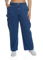 Womens Plus Size WAX Straight Wide Leg Cargo Jeans, Blue, Size 14