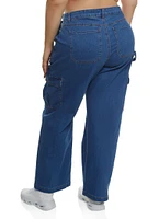 Womens Plus Size WAX Straight Wide Leg Cargo Jeans, Blue, Size 14