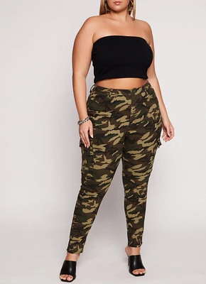 Womens Plus Size Skinny Leg Camo Cargo Pants, Green, Size 2X