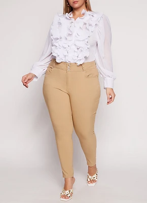 Womens Plus Size Triple Button High Waisted Skinny Leg Pants, Khaki, Size 1X