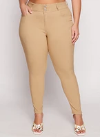 Womens Plus Size Triple Button High Waisted Skinny Leg Pants, Khaki, Size 1X