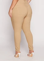 Womens Plus Size Triple Button High Waisted Skinny Leg Pants, Khaki, Size 1X