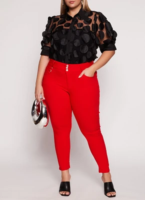 Womens Plus Size Triple Button High Waisted Skinny Leg Pants, Red, Size 3X