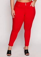 Womens Plus Size Triple Button High Waisted Skinny Leg Pants, Red, Size 3X