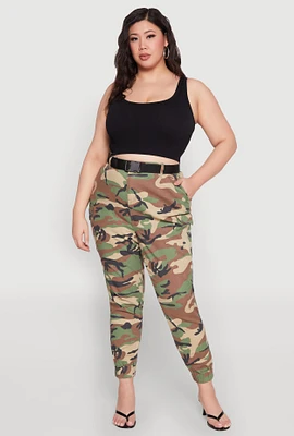 Womens Plus Size Almost Famous Belted Camouflage Cargo Joggers, Green, Size 1X