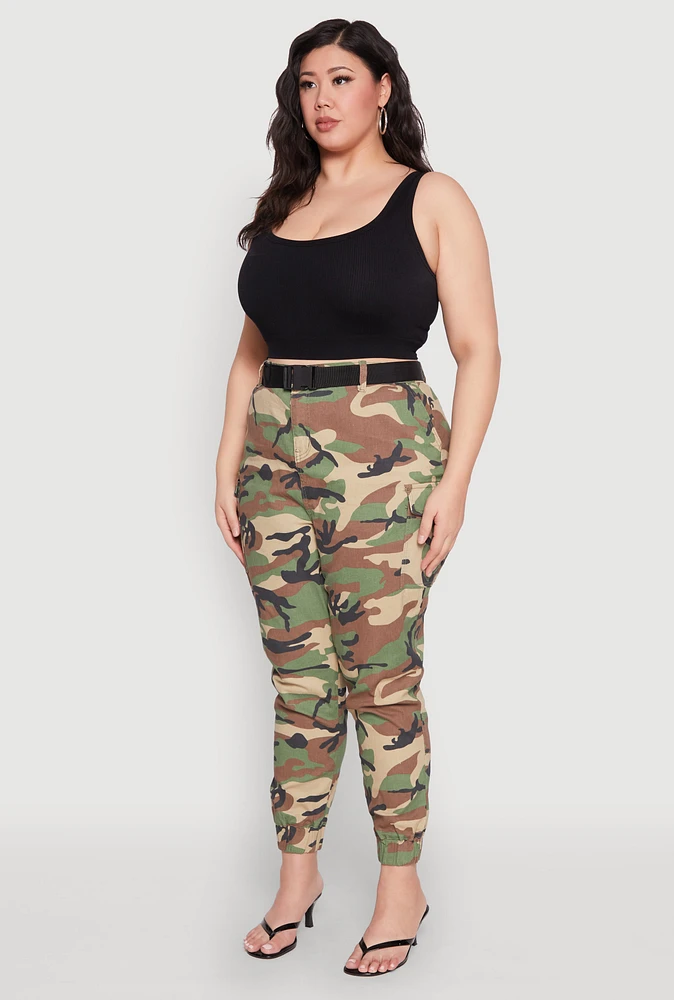 Womens Plus Almost Famous Belted Camouflage Cargo Joggers, Green,