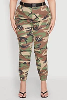 Womens Plus Size Almost Famous Belted Camouflage Cargo Joggers, Green, Size 1X