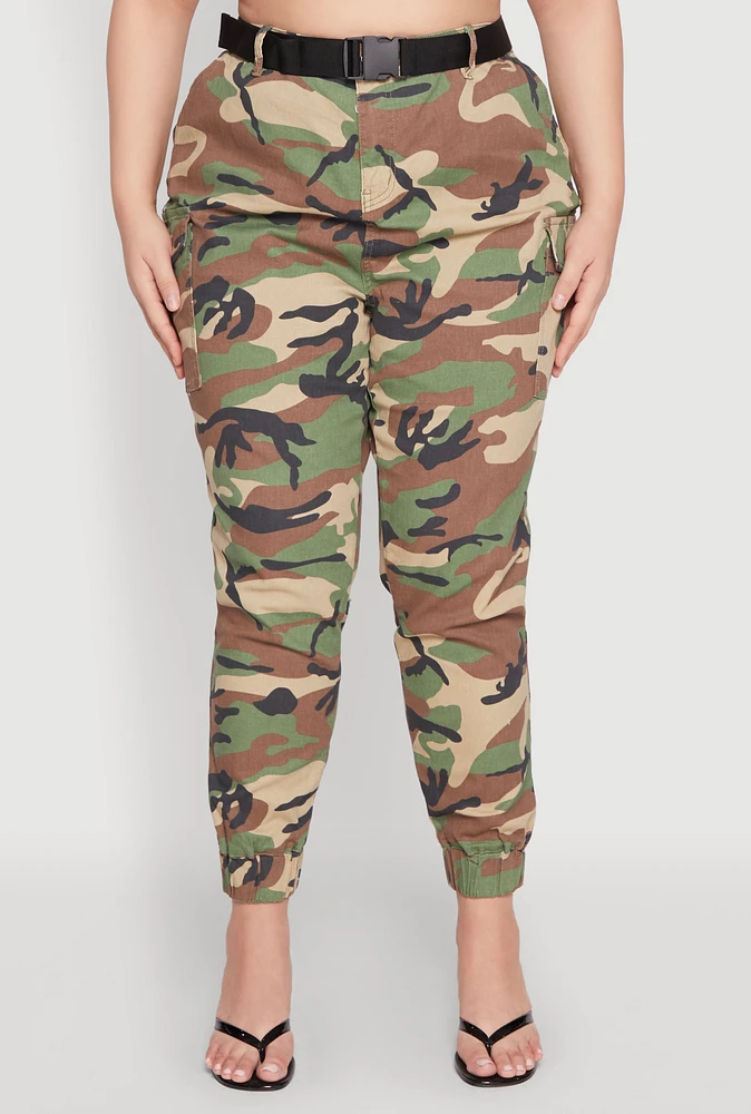 Womens Plus Almost Famous Belted Camouflage Cargo Joggers, Green,