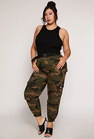 Womens Plus Size Almost Famous Belted Camo Cargo Joggers, Green, Size 1X