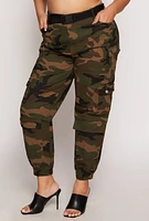 Womens Plus Size Almost Famous Belted Camo Cargo Joggers, Green, Size 1X