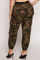 Womens Plus Size Almost Famous Belted Camo Cargo Joggers, Green, Size 1X