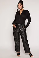 Womens Plus Size Almost Famous Faux Leather Wide Leg Cargo Pants, Black, Size 3X