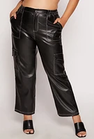 Womens Plus Size Almost Famous Faux Leather Wide Leg Cargo Pants, Black, Size 3X