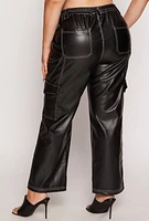 Womens Plus Size Almost Famous Faux Leather Wide Leg Cargo Pants, Black, Size 3X