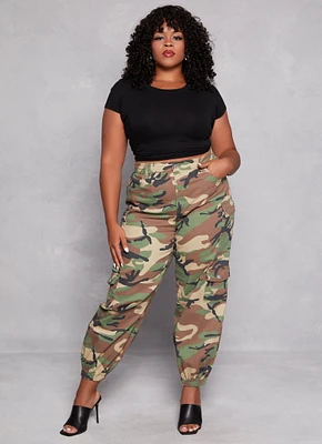 Womens Plus Size Almost Famous Camo Cargo Joggers, Green, Size 2X