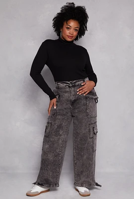 Womens Plus Size Almost Famous Tie Hem Cargo Jeans, Grey, Size 3X