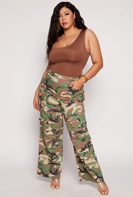 Womens Plus Size Almost Famous Camo Wide Leg Cargo Pants, Green, Size 2X