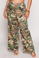 Womens Plus Size Almost Famous Camo Wide Leg Cargo Pants, Green, Size 3X