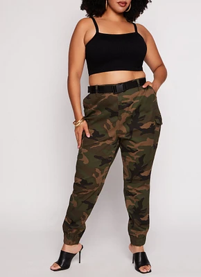 Womens Plus Size Almost Famous Camo Belted Cargo Joggers, Green, Size 2X