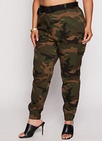 Womens Plus Size Almost Famous Camo Belted Cargo Joggers, Green, Size 2X