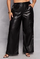 Womens Plus Size Faux Leather High Waist Cargo Pants, Black, Size 1X