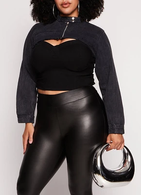 Womens Plus Size Zip Moto Bolero Jean Jacket, Black, Size 2X