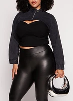 Womens Plus Size Zip Moto Bolero Jean Jacket, Black, Size 2X