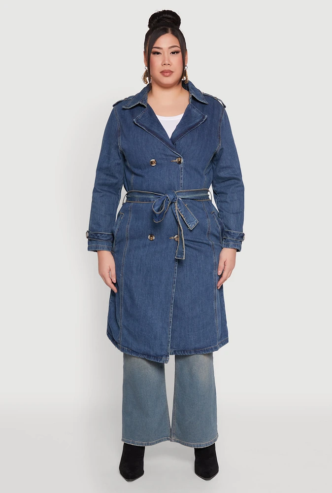 Womens Plus Denim Trench Coat, Blue,