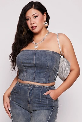 Womens Plus Size Denim Acid Wash Smocked Back Tube Top, Blue, Size 3X