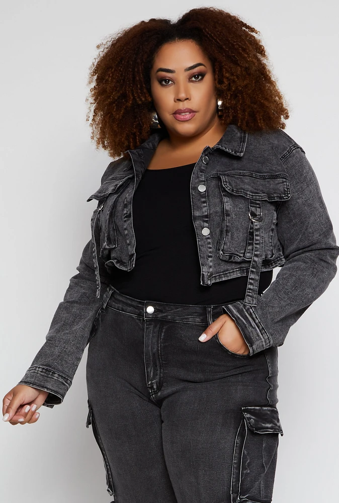 Womens Plus Size Daisy Cargo Pocket Denim Jacket, Grey, Size 2X