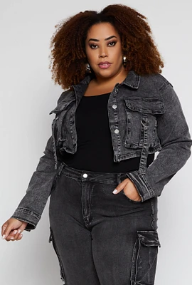 Womens Plus Size Daisy Cargo Pocket Denim Jacket, Grey, Size 2X