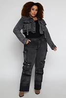 Womens Plus Size Daisy Cargo Pocket Denim Jacket, Grey, Size 2X