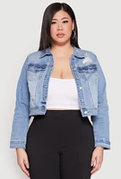Womens Plus WAX Distressed Cropped Denim Jacket, Blue,