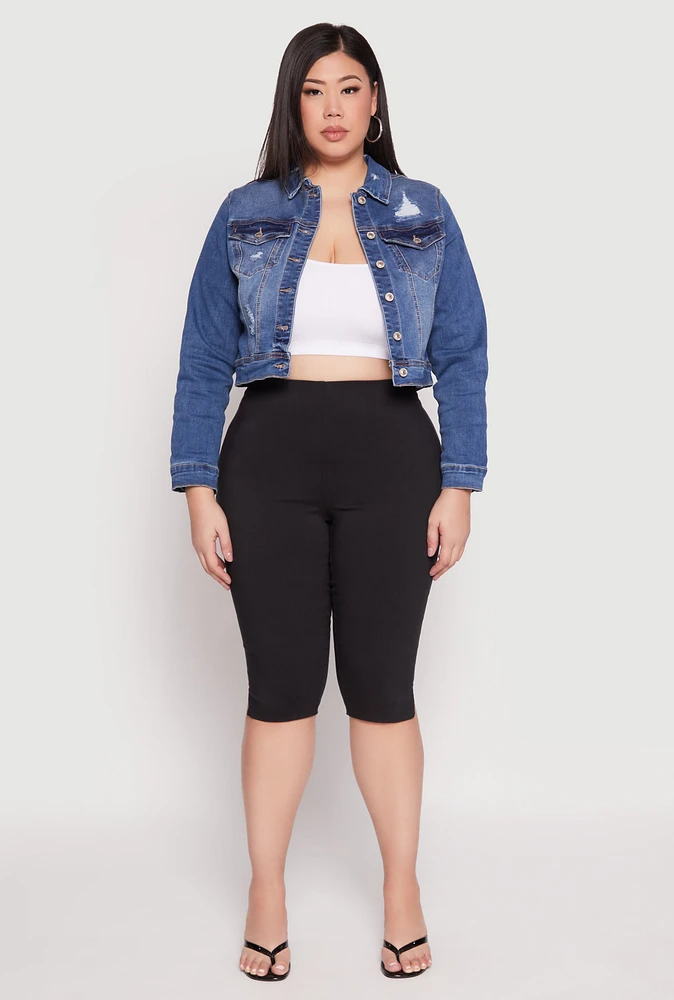 Womens Plus WAX Distressed Cropped Denim Jacket, Blue,