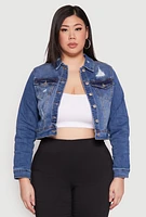 Womens Plus Size WAX Distressed Cropped Denim Jacket, Blue, Size 1X